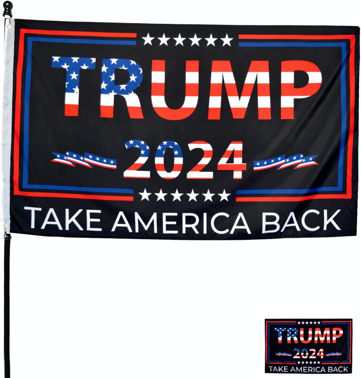 Double-Sided Trump 2024 Flag - Take America Back - 3x5 Foot Indoor Outdoor Decoration Banner with a FREE Sticker - 1 Ply With Vivid Patriotic Colors and 2 Brass Grommets (1 ply/mirror sided)