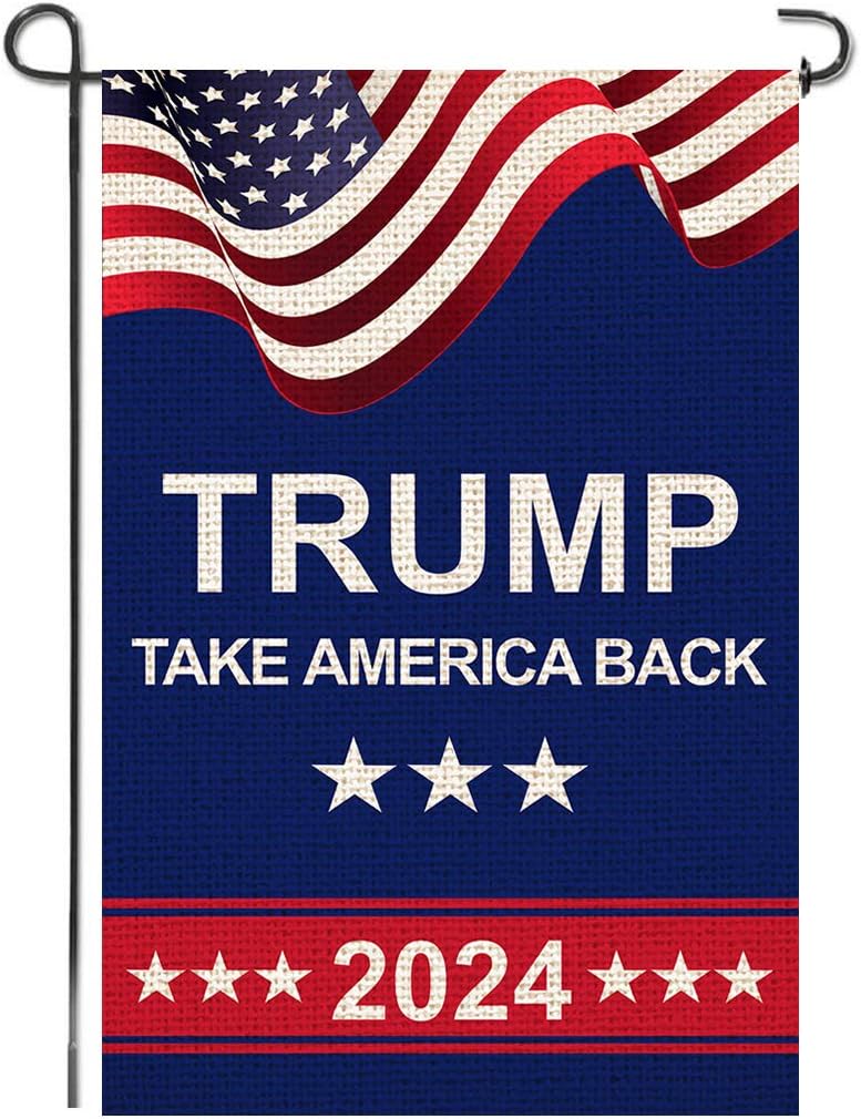 American President Donald Trump 2024 Take America Back Burlap Garden Flag, Double Sided Premium Fabric, US Election Patriotic Outdoor Decoration Banner for Yard Lawn, 12.5" x 18.5"