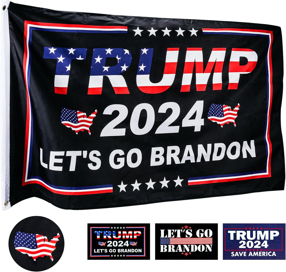 Trump 2024 Flag,Lets Go Brandon- 3 Trump Stickers,FJB Biden Sucks,Lets Go Bandon Flag,3x5 Foot Indoor Outdoor Patriotic Decoration Banner,2 grommets,Double Sided Trump Flag with Vivid Colors FJB