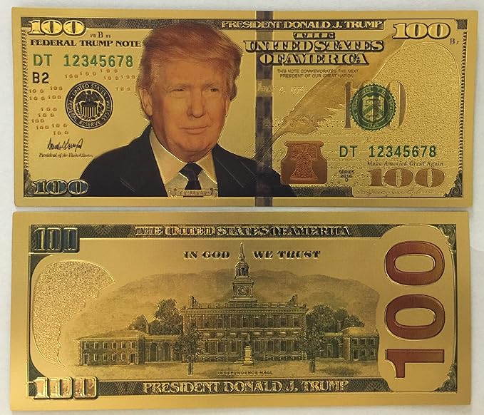Authentic $100 President Donald Trump Authentic 24kt Gold Plated Commemorative Bank Note Collectors Item by Aizics Mint